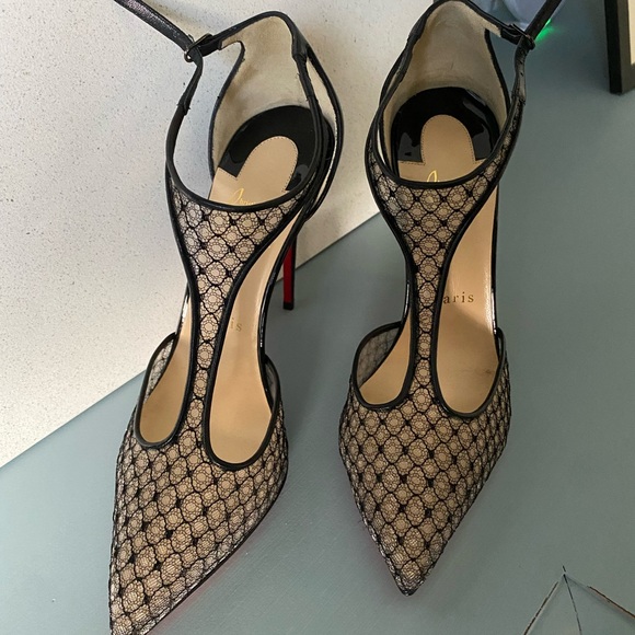 Christian Louboutin Black Lace T-Strap Pointed Toe Slingbacks with Red Soles